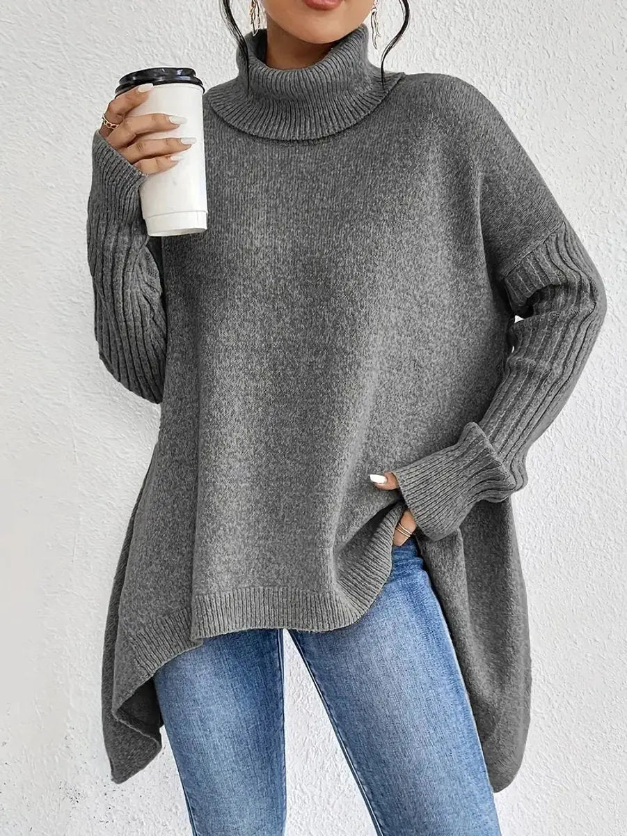 Bettina Turtleneck Sweater Oversized Ribbed Sleeve High Low Hem
