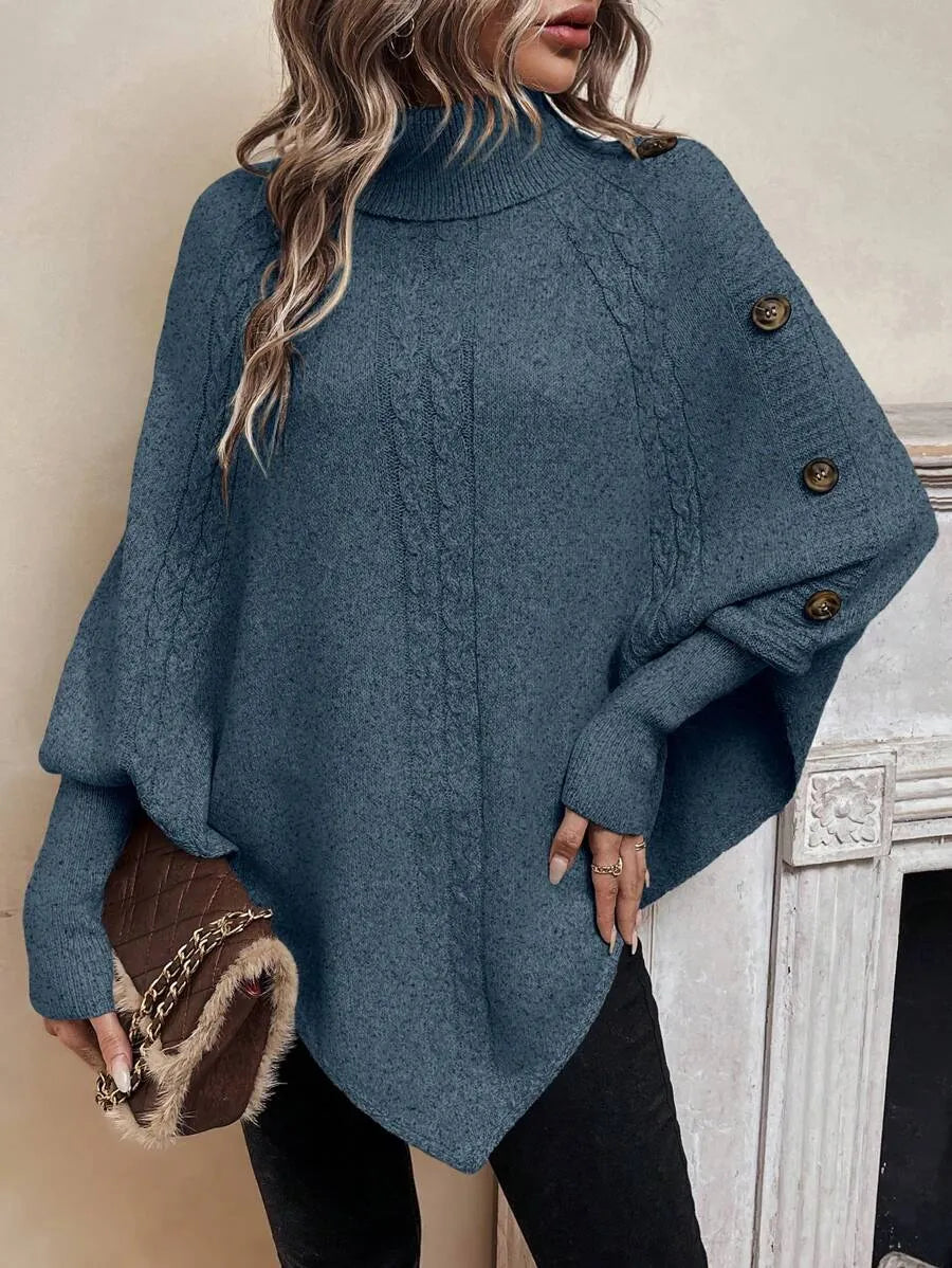 Marigold Turtleneck Sweater Cable Knit Poncho Button Detail