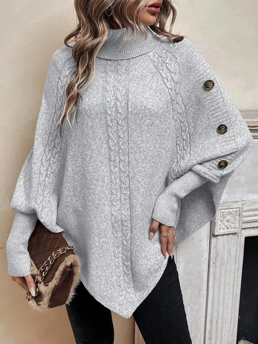 Marigold Turtleneck Sweater Cable Knit Poncho Button Detail