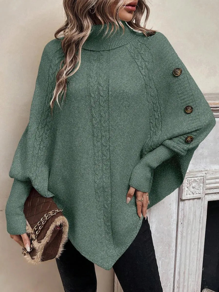 Marigold Turtleneck Sweater Cable Knit Poncho Button Detail