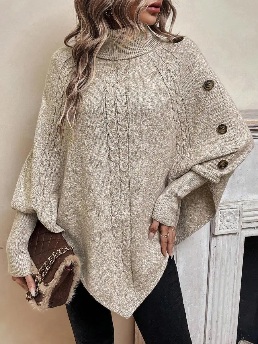 Marigold Turtleneck Sweater Cable Knit Poncho Button Detail