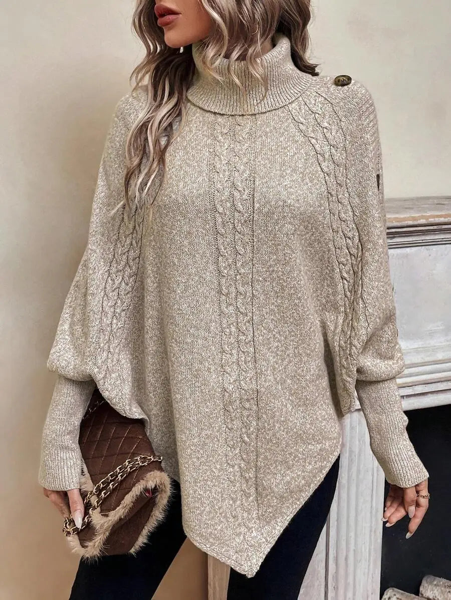 Marigold Turtleneck Sweater Cable Knit Poncho Button Detail