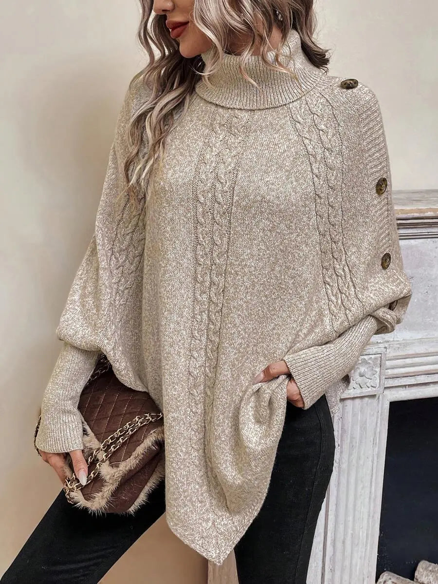 Marigold Turtleneck Sweater Cable Knit Poncho Button Detail