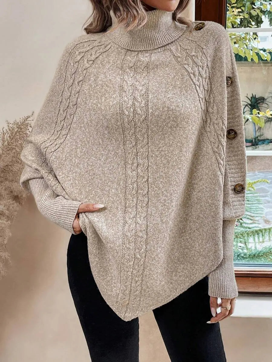 Marigold Turtleneck Sweater Cable Knit Poncho Button Detail