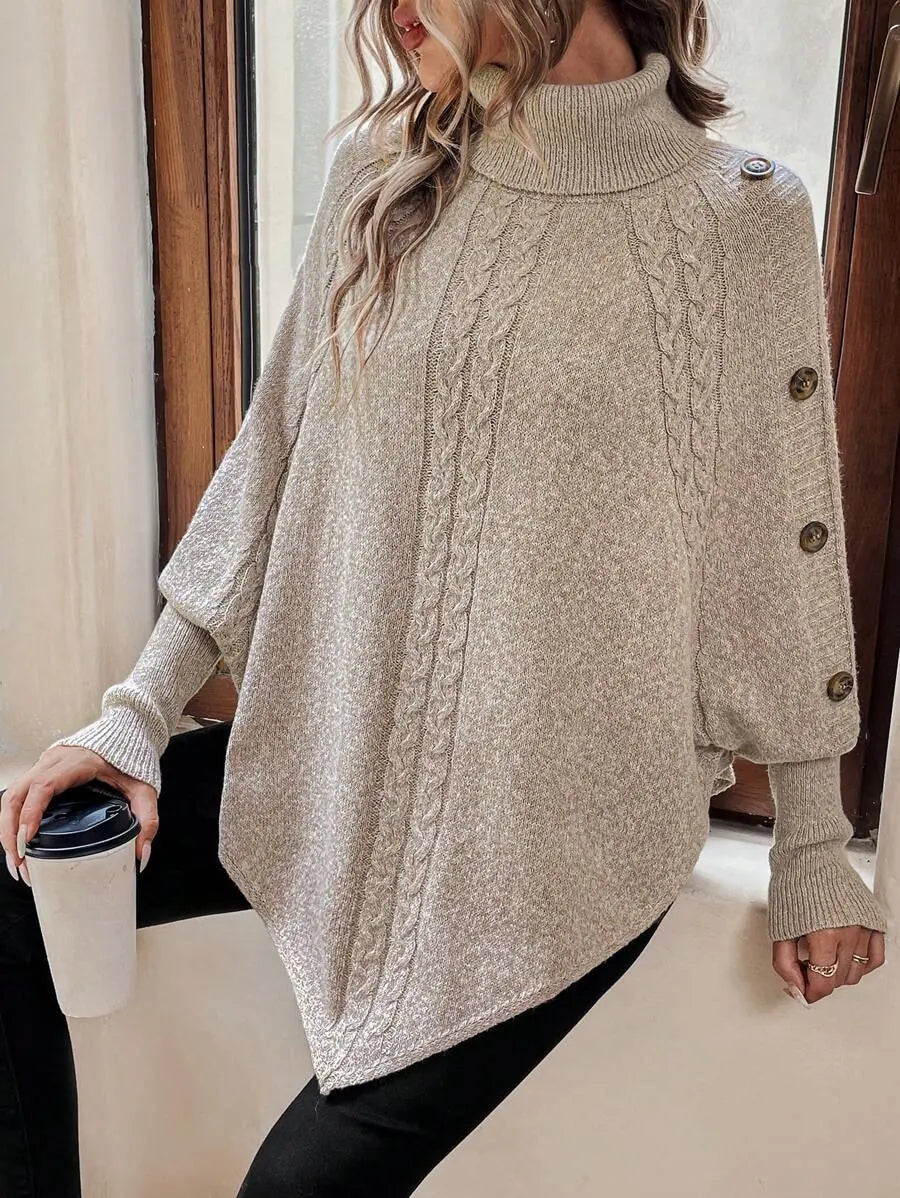 Marigold Turtleneck Sweater Cable Knit Poncho Button Detail