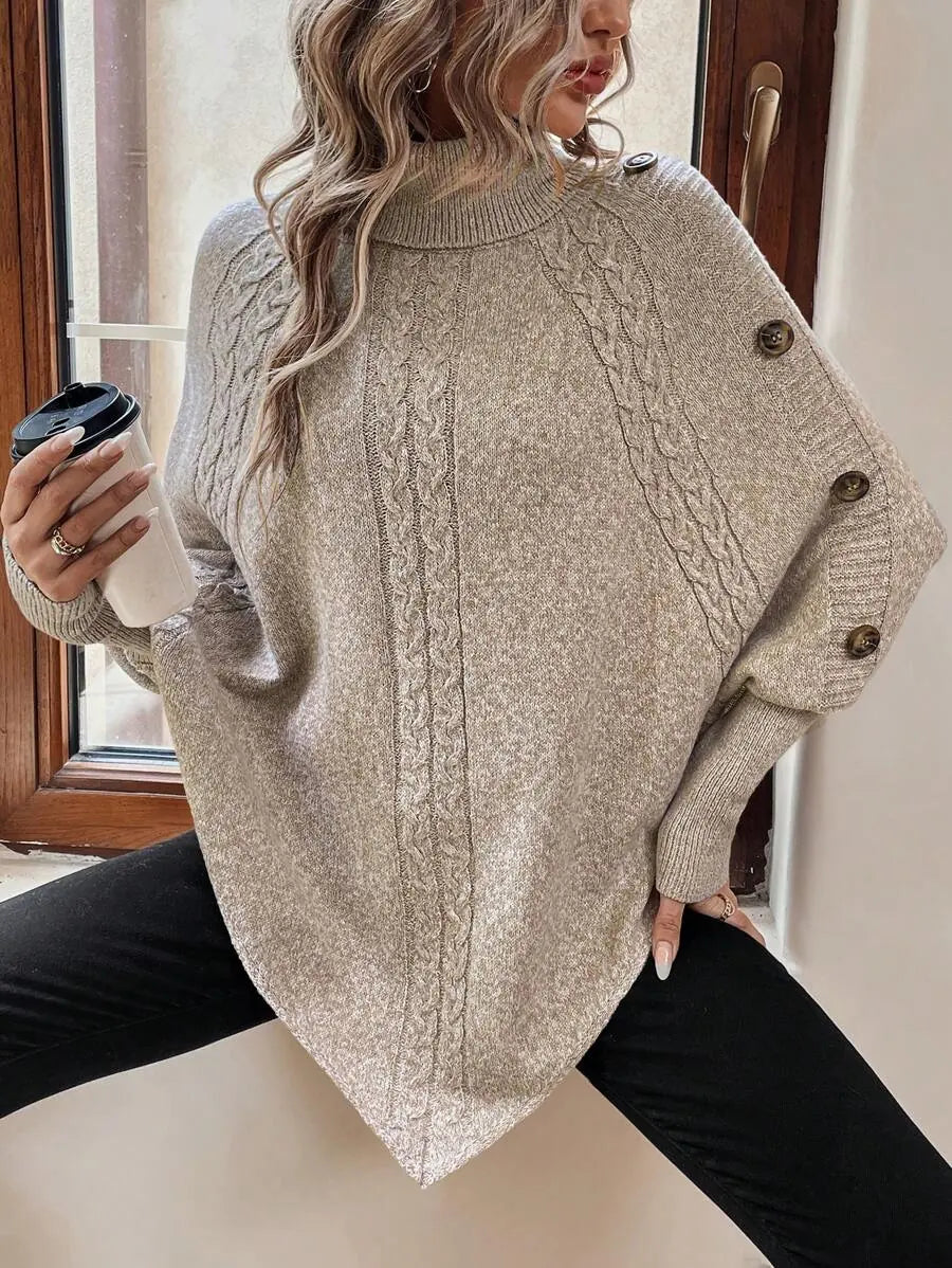 Marigold Turtleneck Sweater Cable Knit Poncho Button Detail