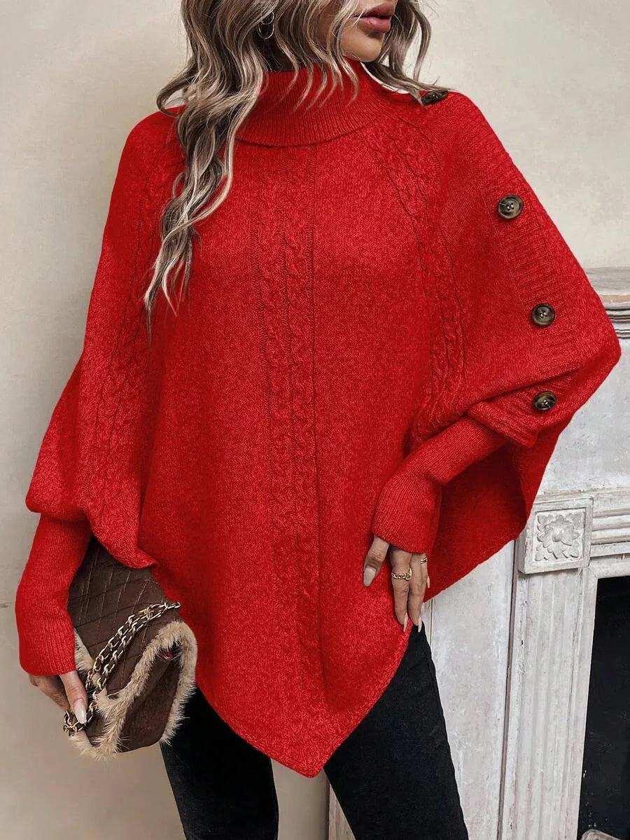 Marigold Turtleneck Sweater Cable Knit Poncho Button Detail