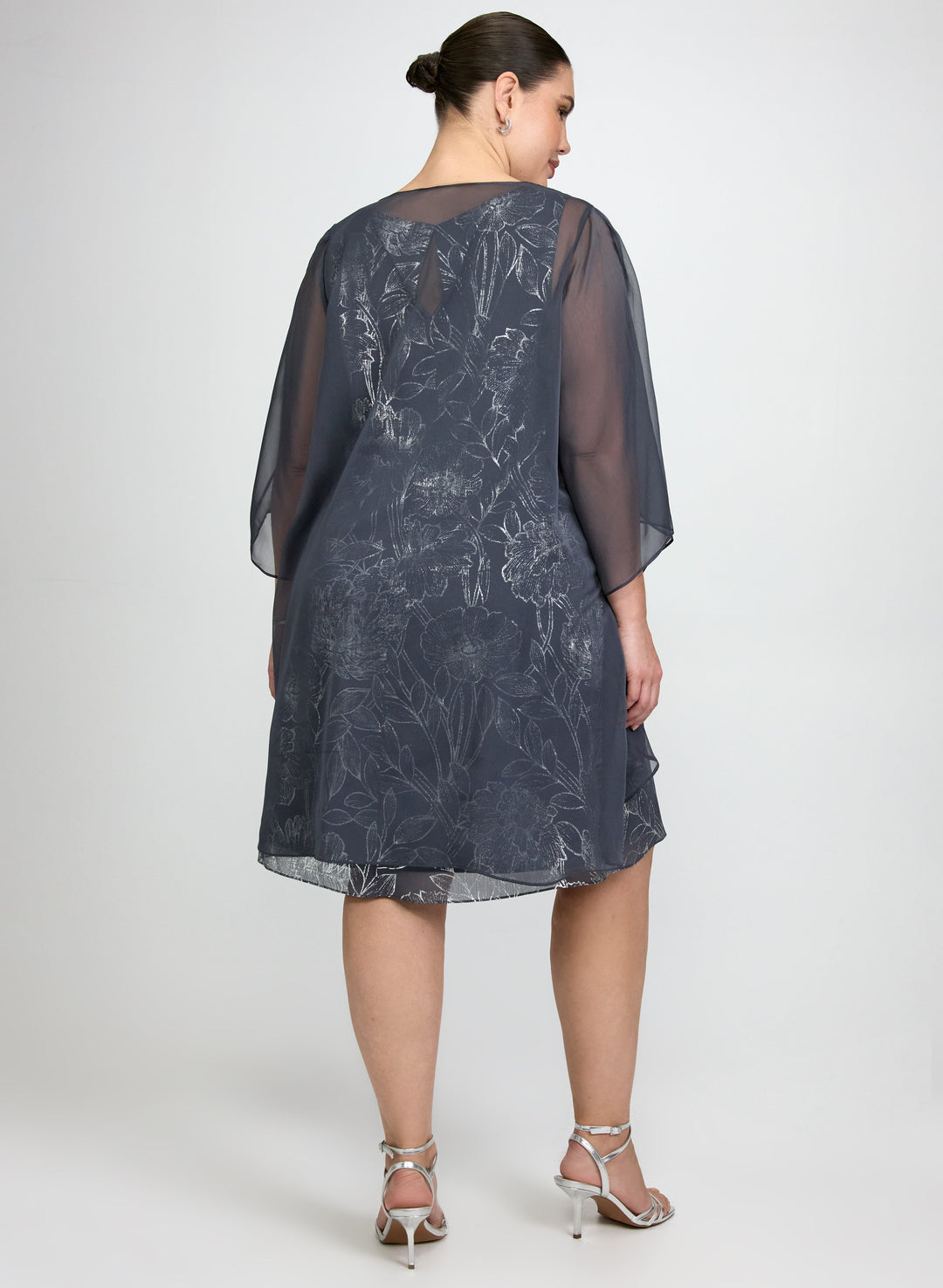 Sheer Cape & Metallic Floral Dress Set
