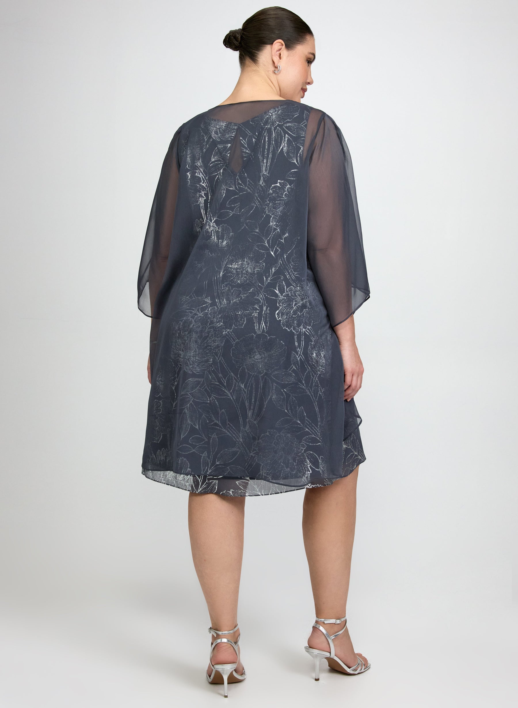 Sheer Cape & Metallic Floral Dress Set