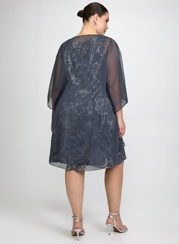 Sheer Cape & Metallic Floral Dress Set