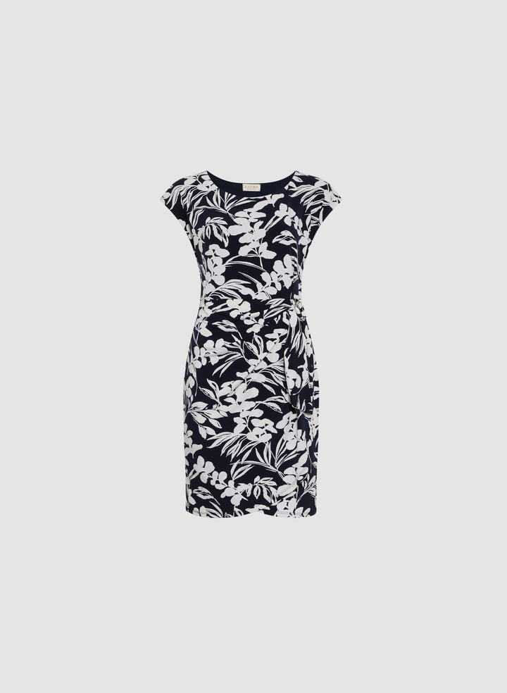 Side-Tucked Leaf Print Dress