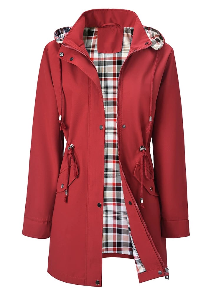 Women's Solid Color Drawstring Zip Up Hooded Trench Coat Raincoat