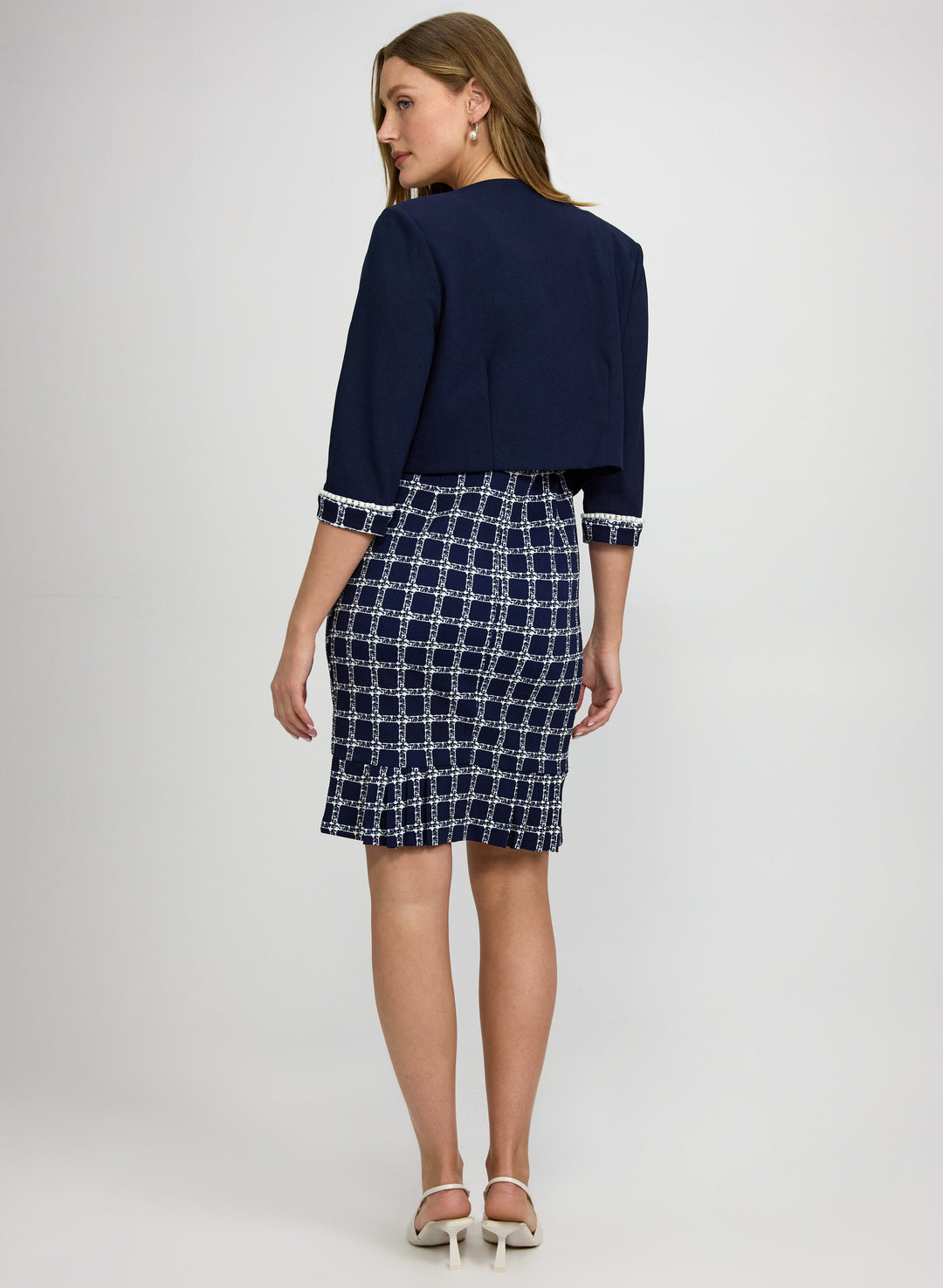 Pearl Trim Jacket & Plaid Dress Set