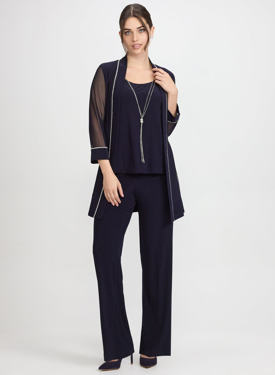 Rhinestone Trim Jacket, Top & Pants Set