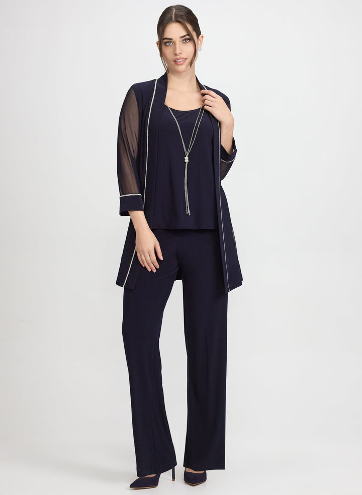 Rhinestone Trim Jacket, Top & Pants Set
