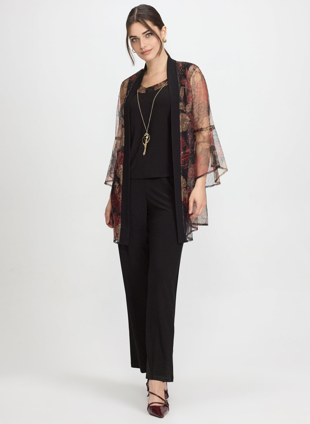 Mesh Floral Jacket, Top & Pants Set