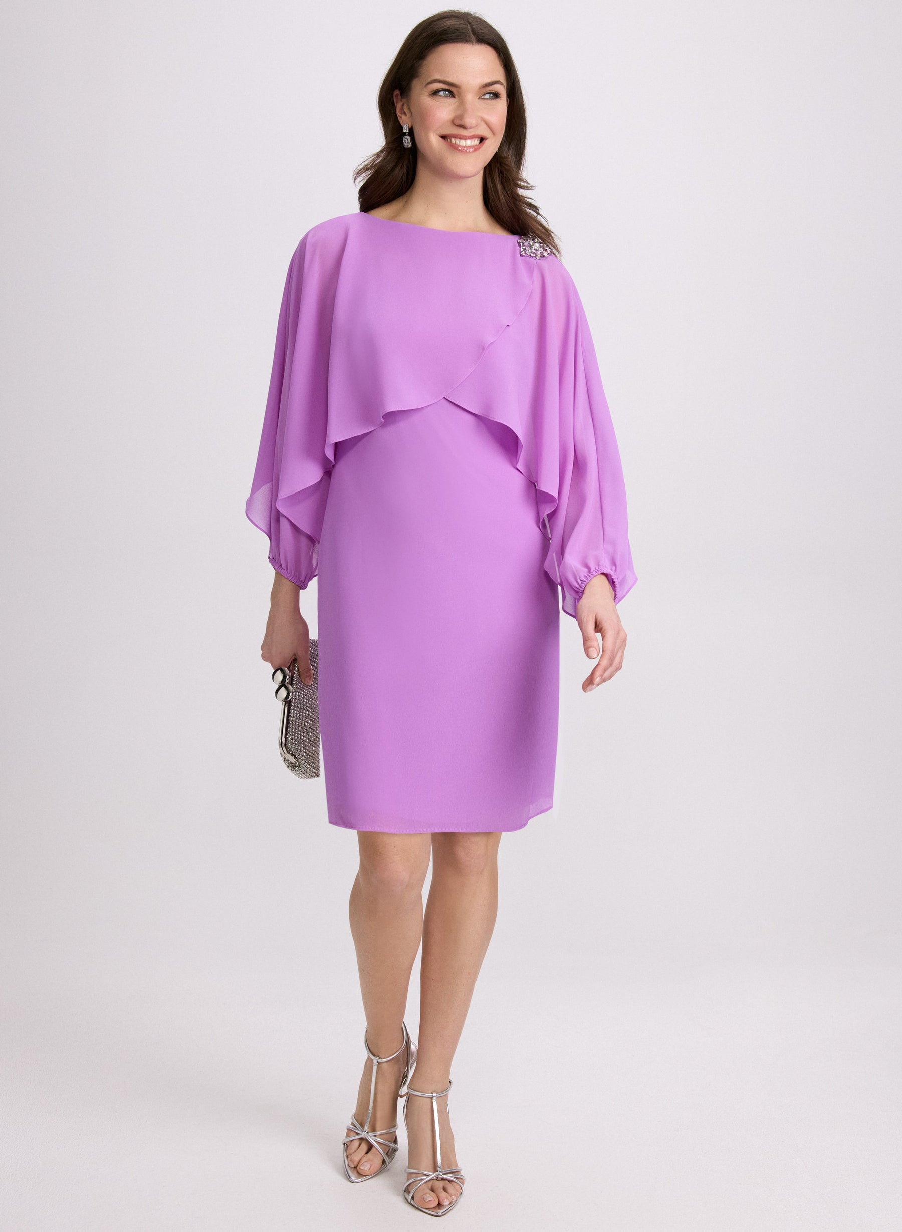 Brooch Embellished Capelet Dress