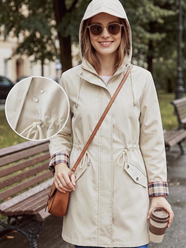 Women's Solid Color Drawstring Zip Up Hooded Trench Coat Raincoat