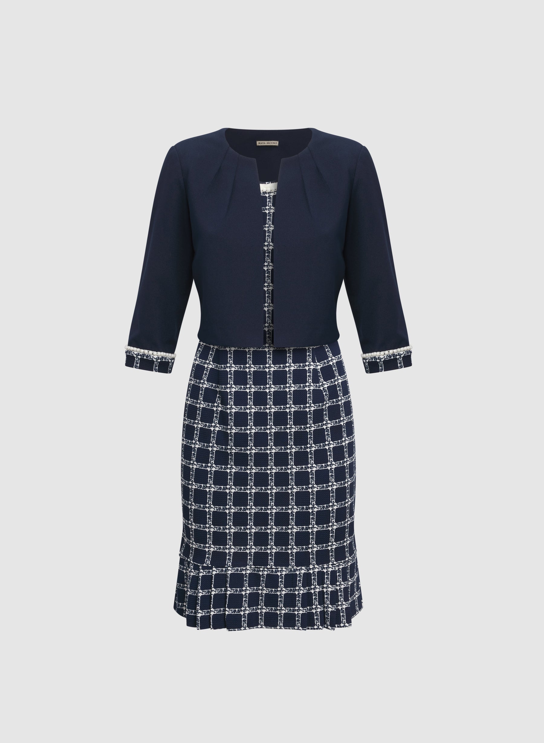 Pearl Trim Jacket & Plaid Dress Set