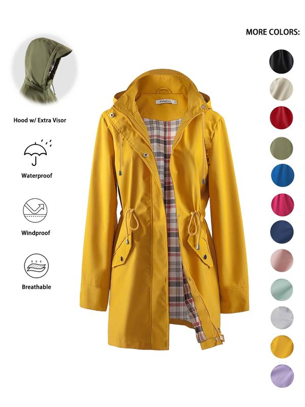 Women's Solid Color Drawstring Zip Up Hooded Trench Coat Raincoat