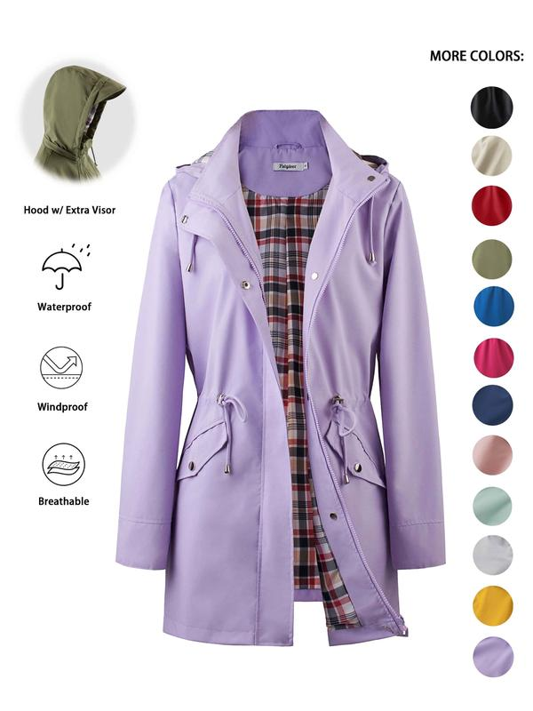 Women's Solid Color Drawstring Zip Up Hooded Trench Coat Raincoat