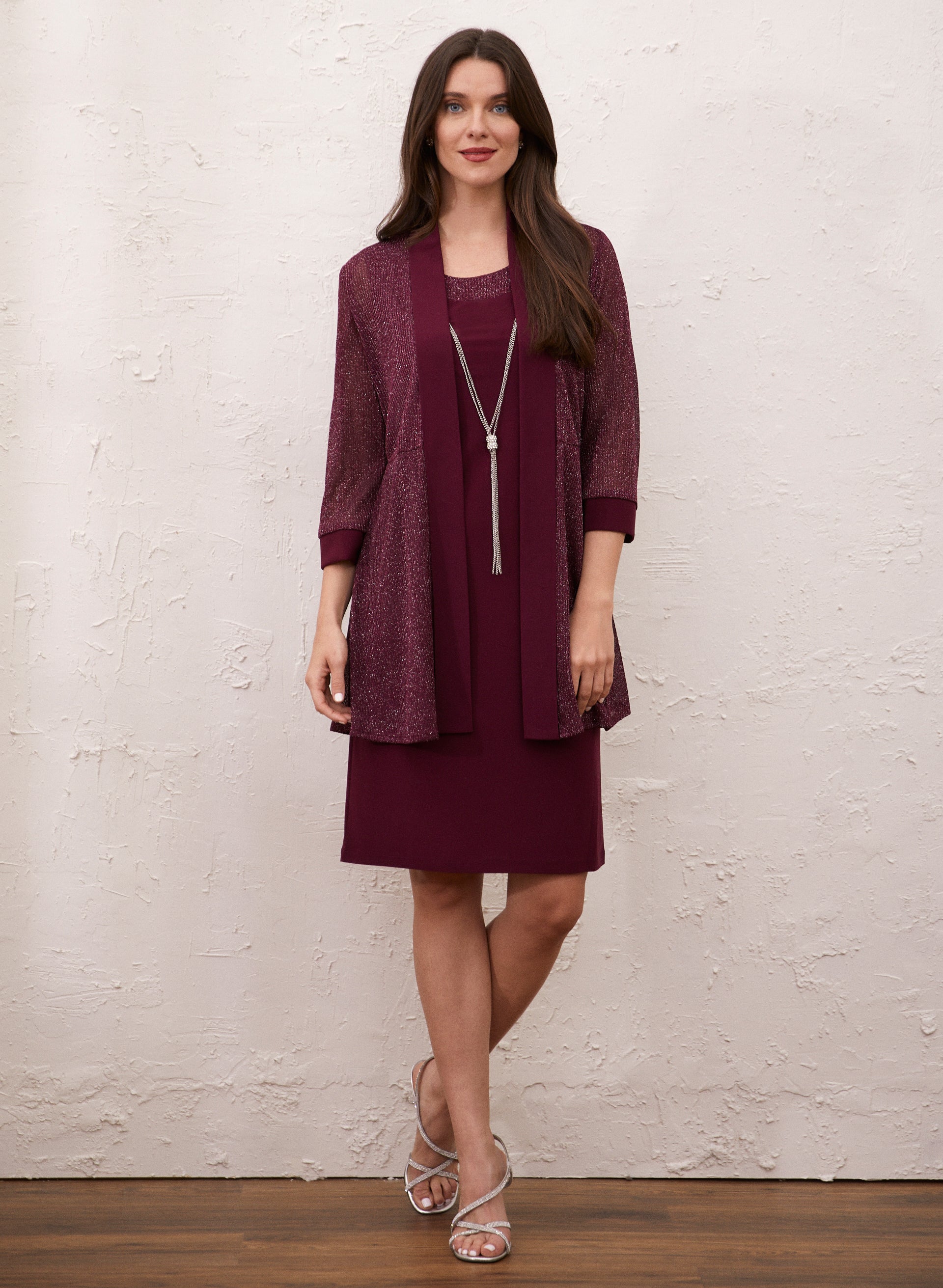 Metallic Cardigan, Dress & Necklace Set
