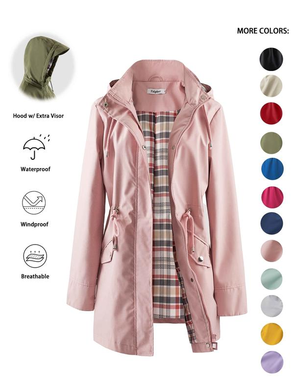 Women's Solid Color Drawstring Zip Up Hooded Trench Coat Raincoat