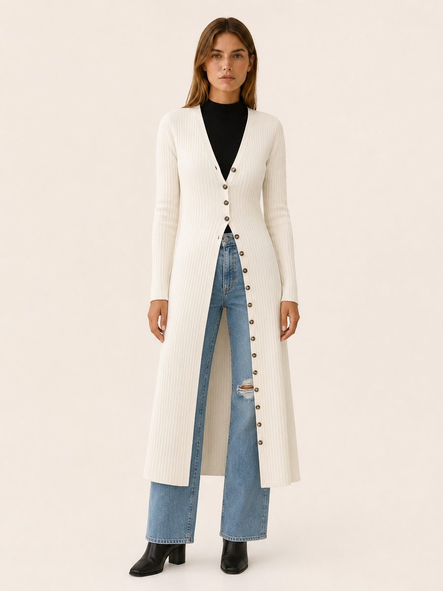 Eupraxia | Long Cardigan with V-Neck and Button Front