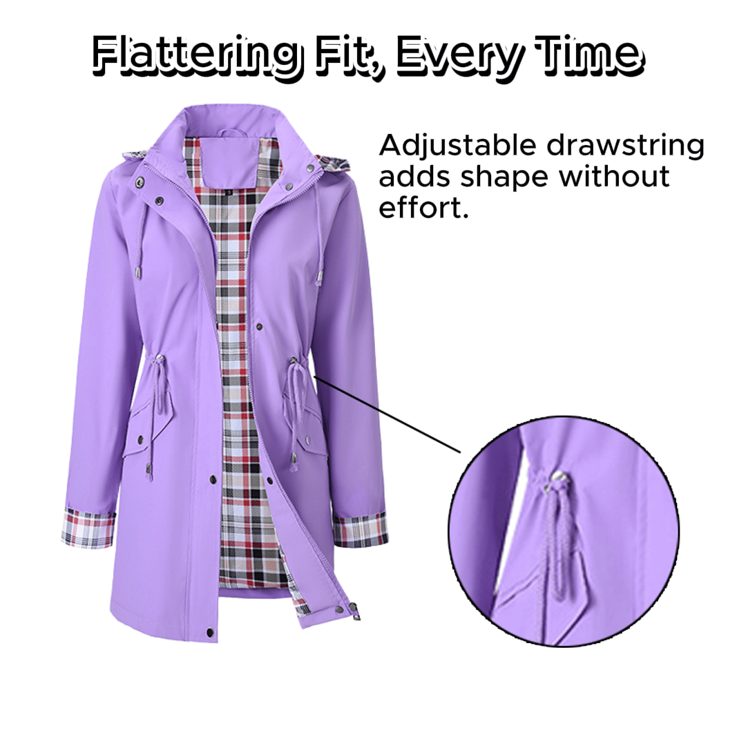 Women's Solid Color Drawstring Zip Up Hooded Trench Coat Raincoat