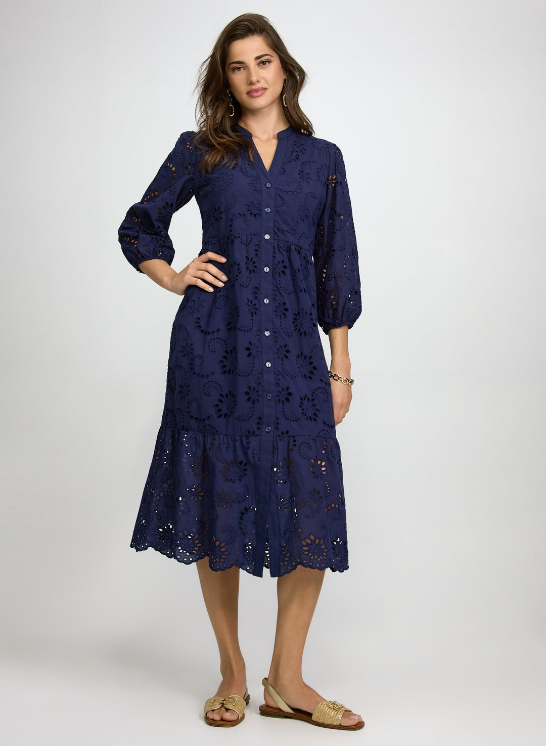 Embroidered Button-Down Midi Dress