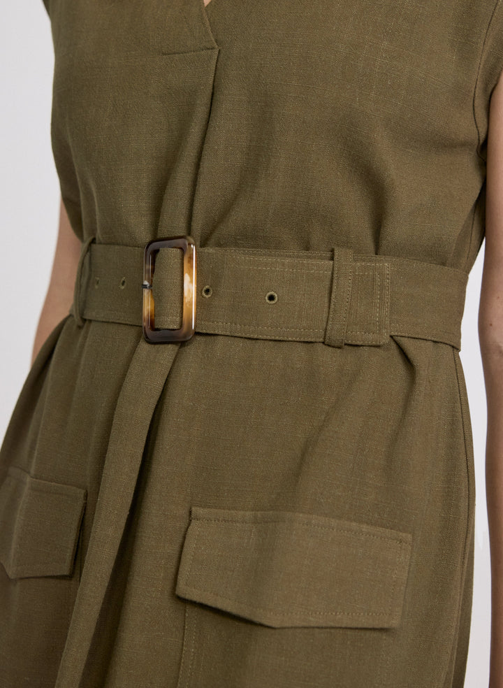 Belted Stretch Linen-Blend Dress
