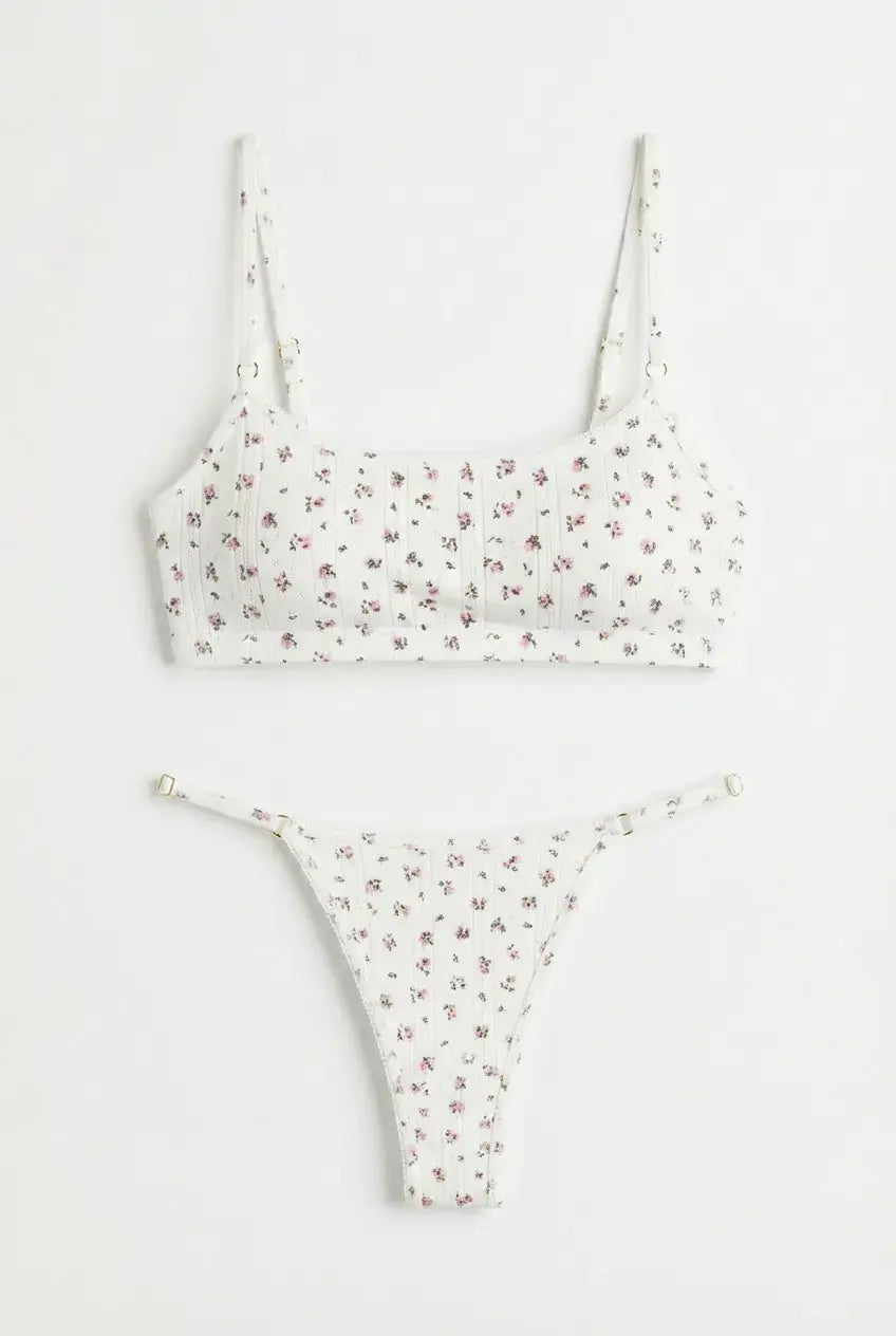 100% Cotton - Sweet Blossom Lingerie Set - Slim Strap Thong