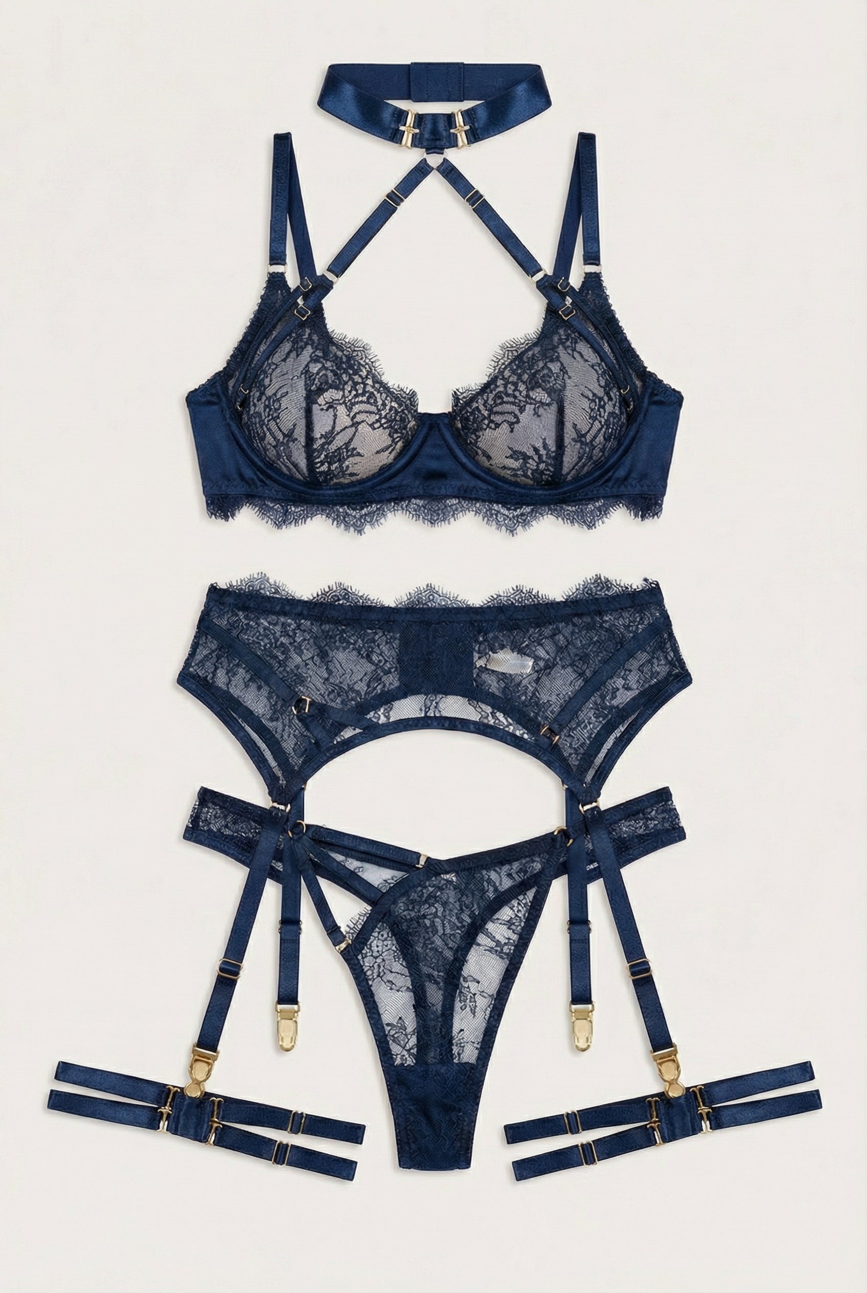 Sheer Lace Harness Lace Lingerie Set - Navy