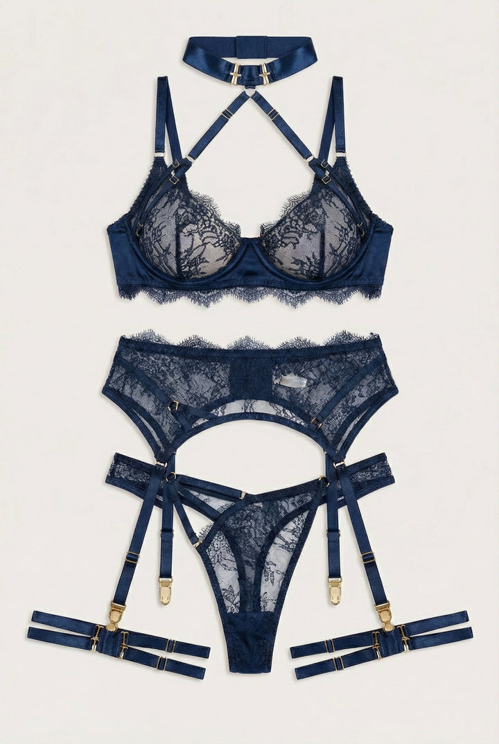 Sheer Lace Harness Lace Lingerie Set - Navy