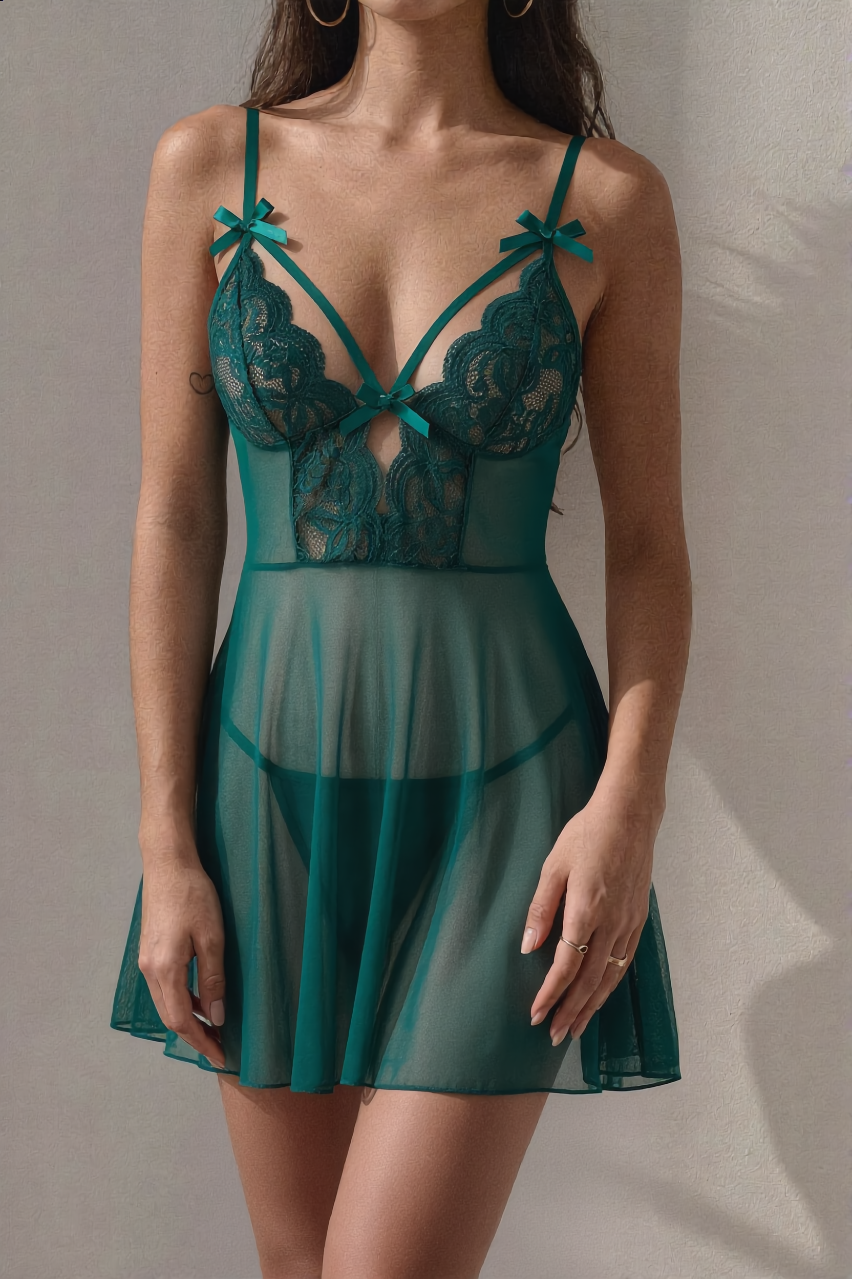Midnight Lace Sheer Babydoll Set - Green