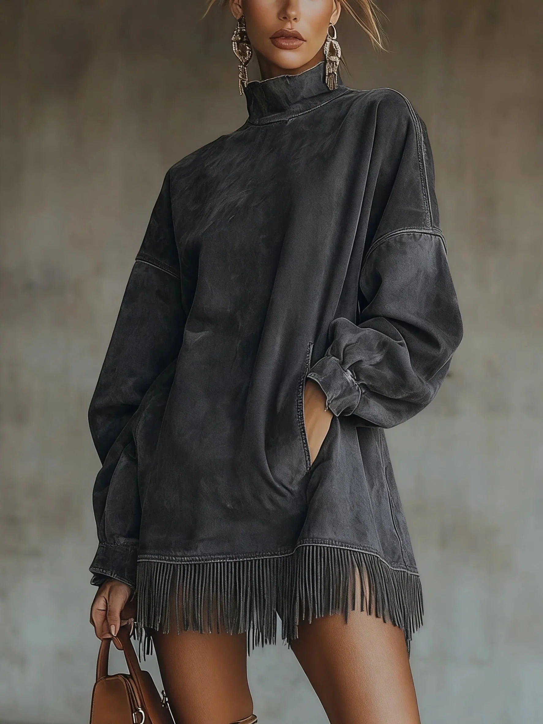 Maya - Fringed Mock Neck Tunic