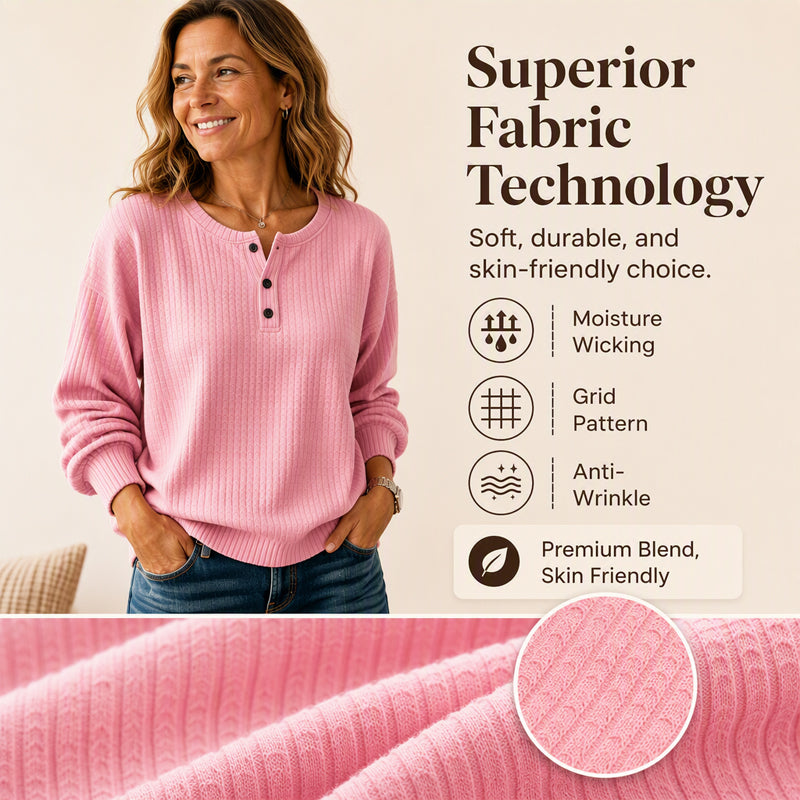 Women's Casual Waffle Knit Sweatshirt Loose Long‑Sleeve Button Neck Pullover