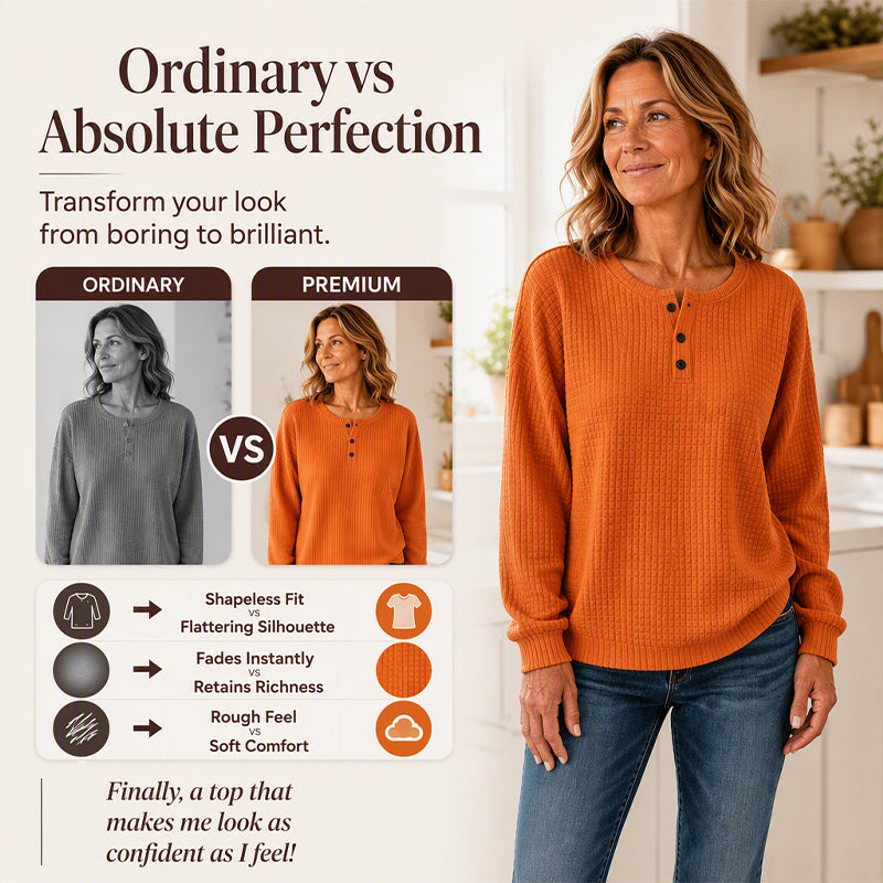 Women's Casual Waffle Knit Sweatshirt Loose Long‑Sleeve Button Neck Pullover
