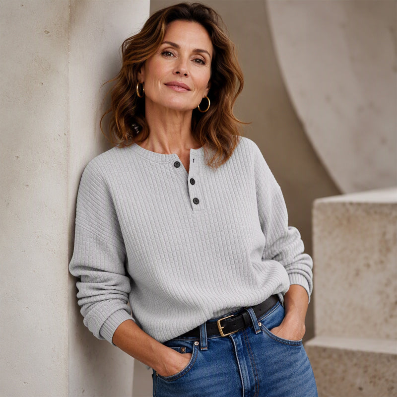 Women's Casual Waffle Knit Sweatshirt Loose Long‑Sleeve Button Neck Pullover