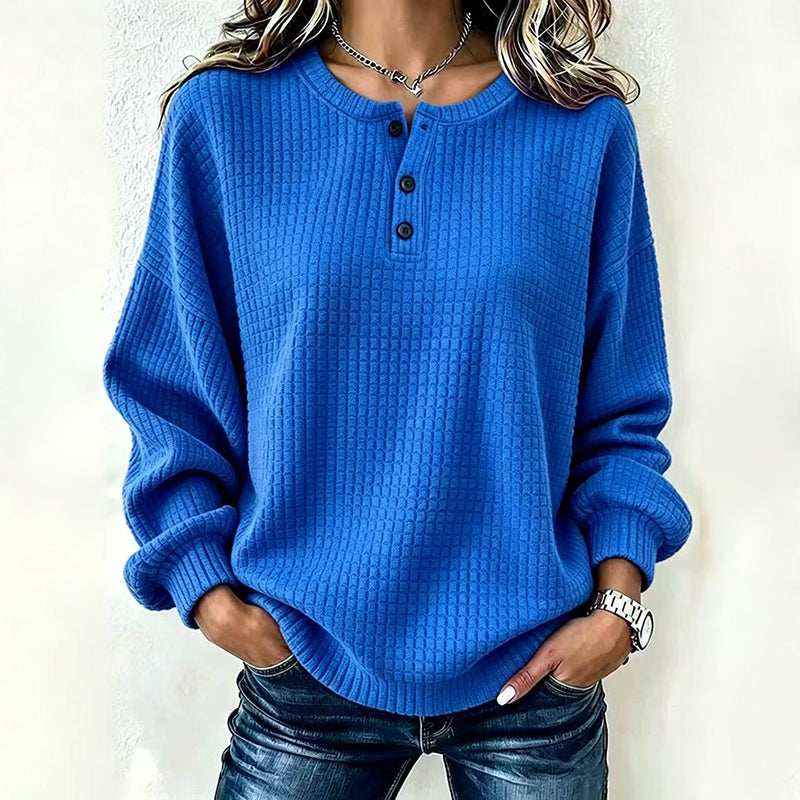 Women's Casual Waffle Knit Sweatshirt Loose Long‑Sleeve Button Neck Pullover