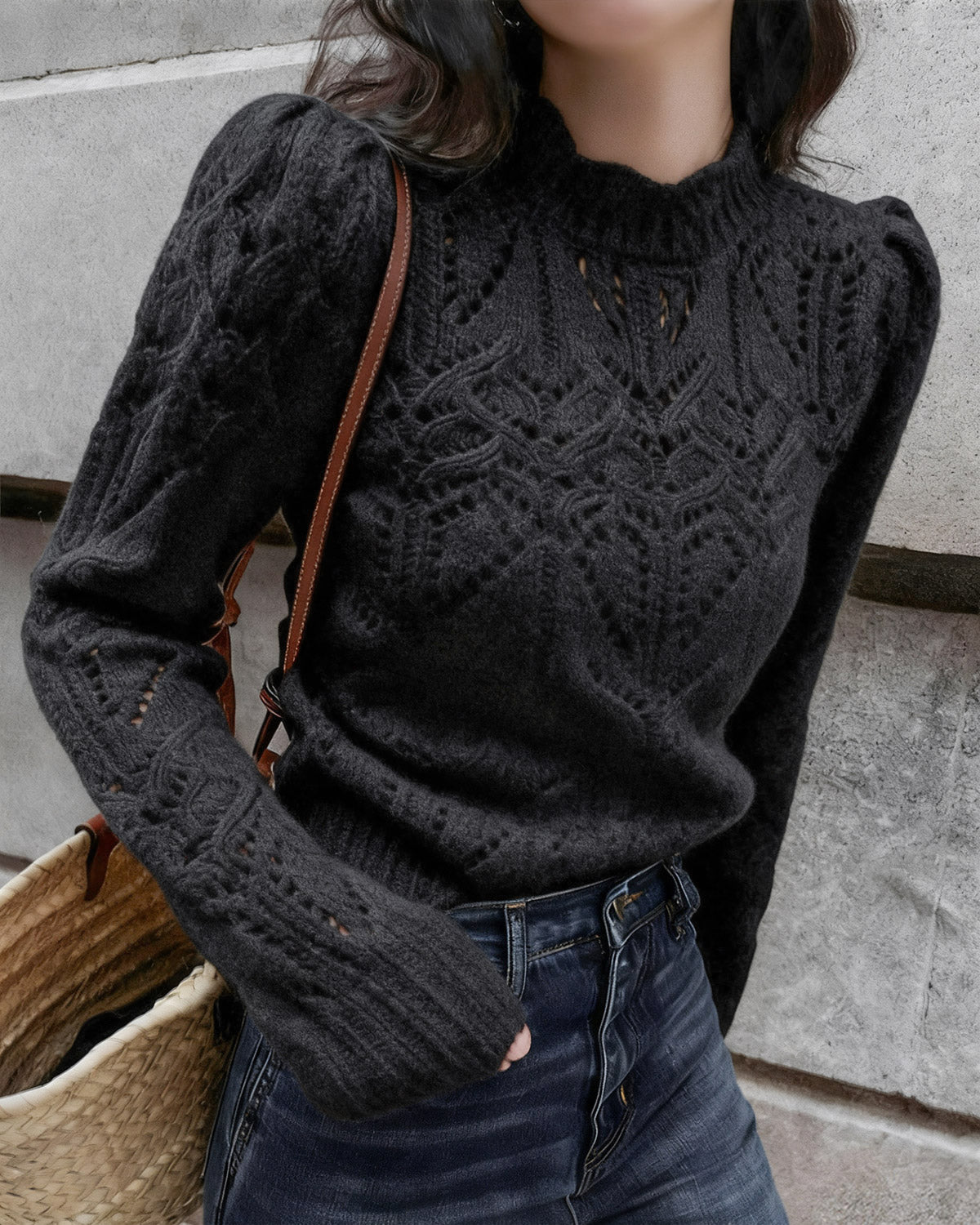 Black Round Neck Cut Out Sweater