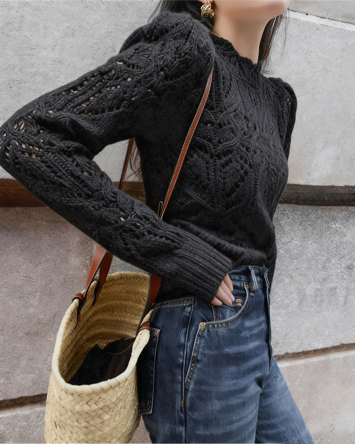 Black Round Neck Cut Out Sweater
