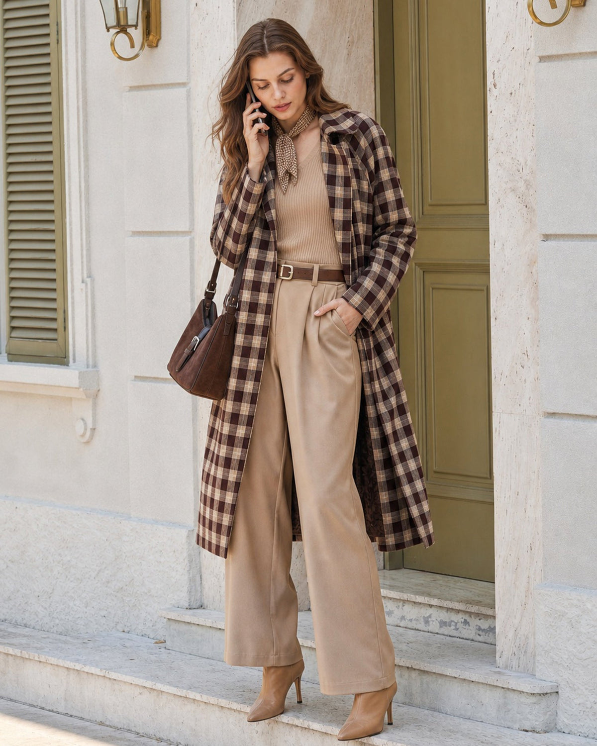 Brown Plaid Pocket Long Coat
