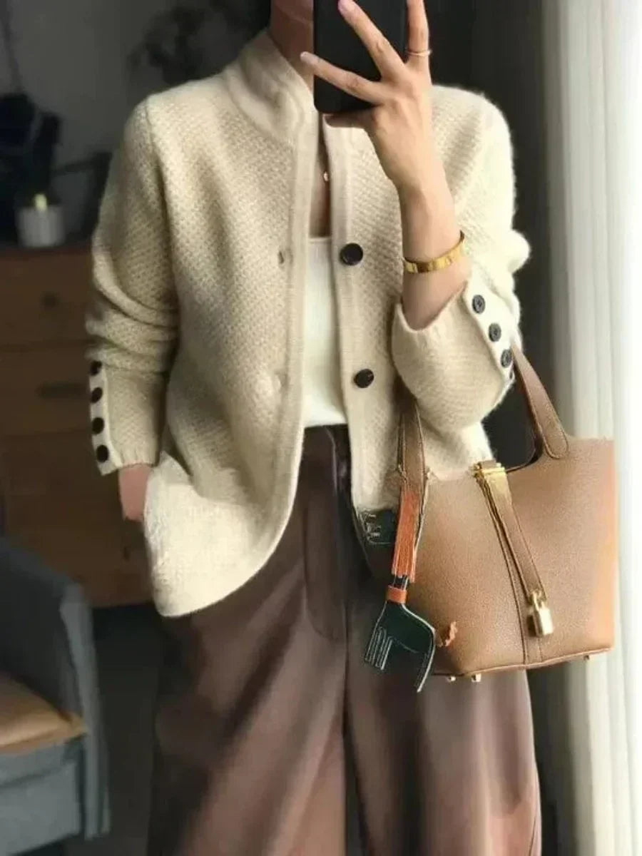 Maya – Cashmere Wool Cardigan with Stand Collar